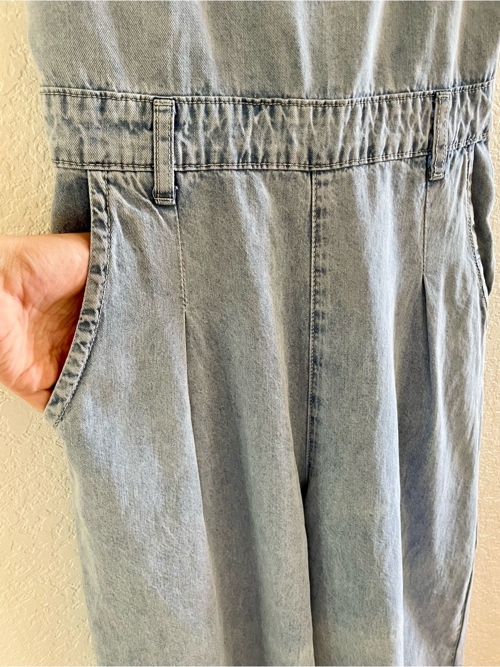 NWT Molly Bracken Light Blue Denim Jumpsuit With Thin Straps Wide Leg Sz L - Picture 7 of 13